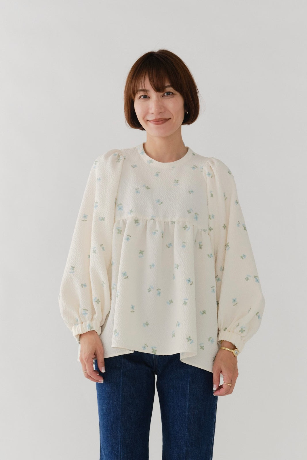 Fukure Embroidered Gathered Blouse - Floral Jacquard Japanese Fukure Embroidered Gathered Blouse - Floral Jacquard Japanese