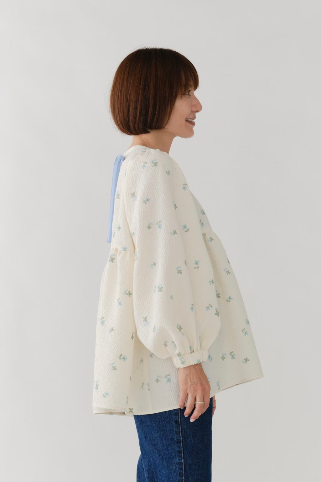 Fukure Embroidered Gathered Blouse - Floral Jacquard Japanese Fukure Embroidered Gathered Blouse - Floral Jacquard Japanese