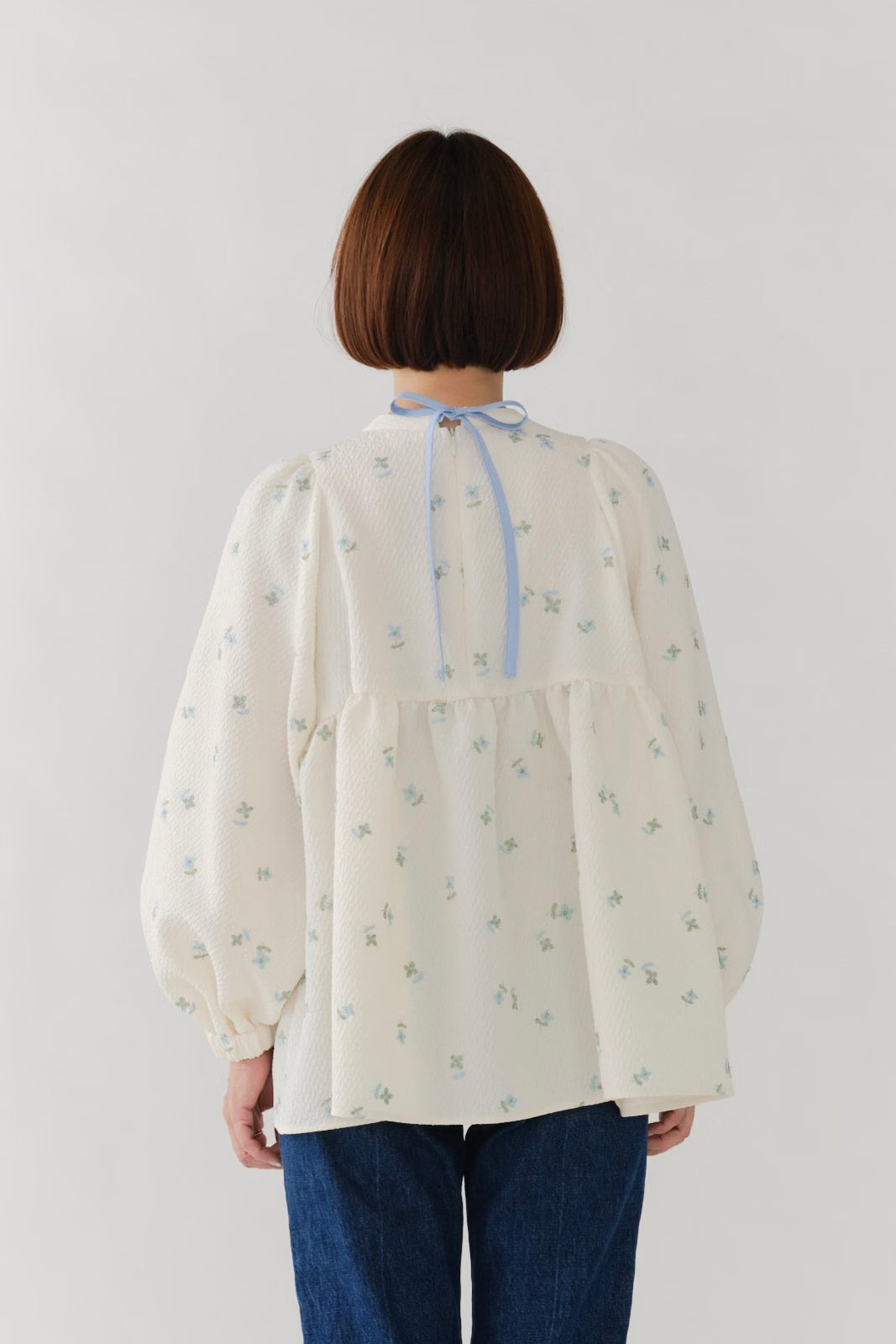 Fukure Embroidered Gathered Blouse - Floral Jacquard Japanese Fukure Embroidered Gathered Blouse - Floral Jacquard Japanese